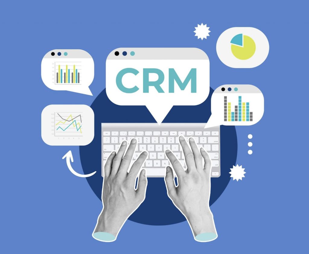 Graphic of hands typing out CRM  | CRM vs. ERP